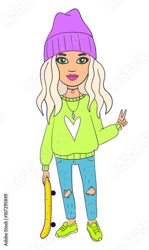 Young blonde teenage girl with long curly hair in blue ripped jeans, acid green hoodie & sneakers and purple cap holding yellow penny board isolated on white background. Skater girl with victory sign.