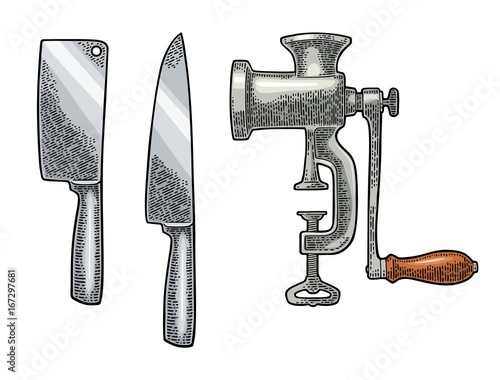 Set kitchen knifes. Vector black vintage engraving
