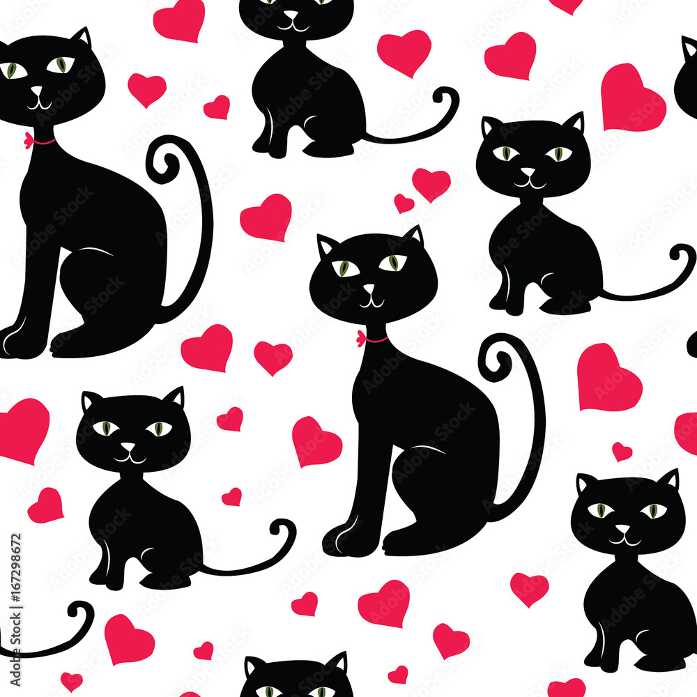 Black cat and kitten surrounded by hearts seamless pattern