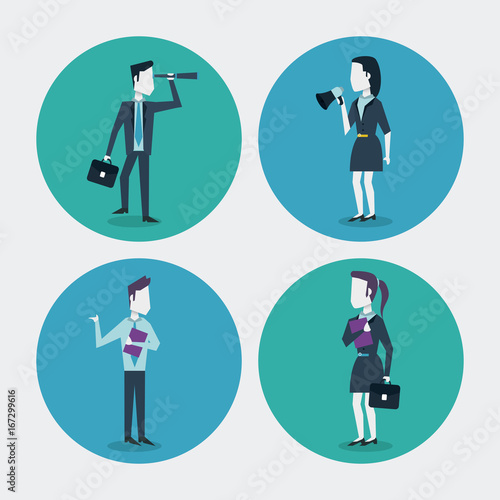 white background with colorful circle frames of businesswoman and businessman with monocular folder megaphone and executive briefcase