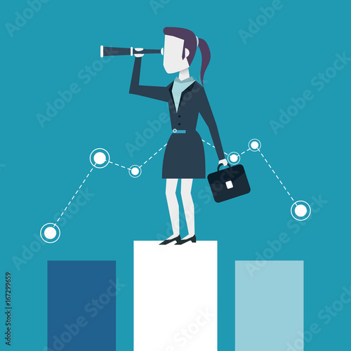 colorful background of business woman on the economic status bar with executive briefcase and monocular