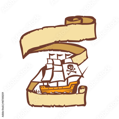 Pirate Ship Sailing Scroll Retro