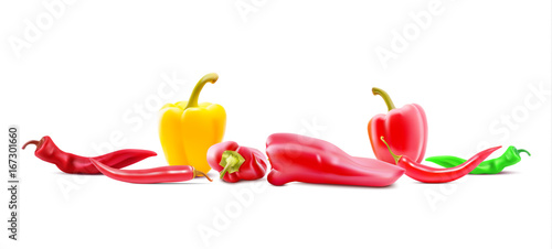 Different sorts of hot peppers in all colors, shapes and sizes. Chilly peper icons. Vector Illustrations.