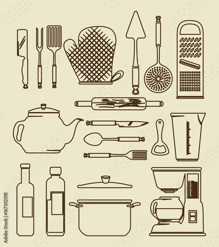 kitchen utensils vintage icon set