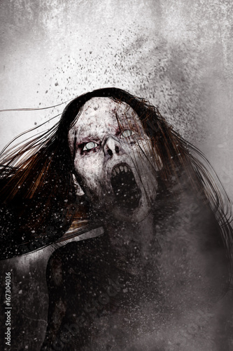 Valokuvatapetti 3d illustration of close up scary ghost woman,Horror background mixed media