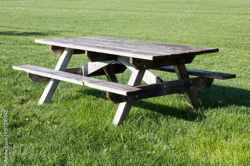 Wooden picnic table on green grass