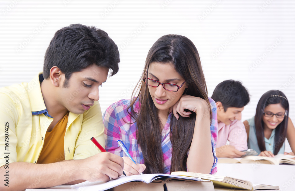 Young college friends studying in lecture hall Young college friends studying in lecture hall
