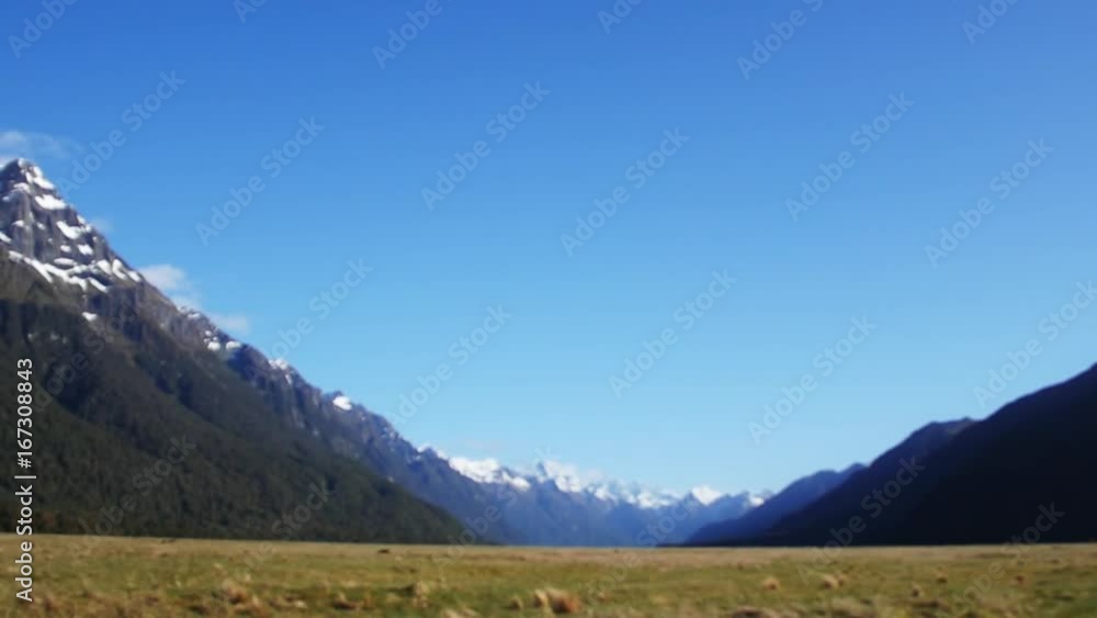 POV, driving past open New Zealand field underneath snow-capped mountains POV, driving past open New Zealand field underneath snow-capped mountains