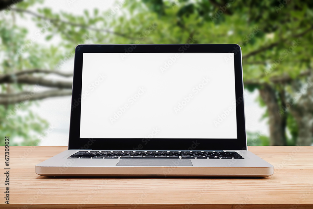 Computer with white screen on table with blur background. Technology concept. Computer with white screen on table with blur background. Technology concept.