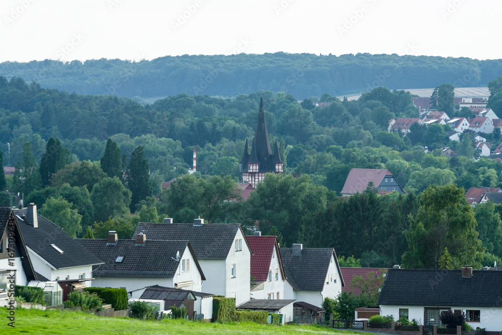 View of the small town of Neustadt (Marburg-Biedenkopf district in Hessen), a suburb and surrounding agricultural land.