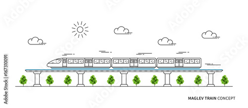 Maglev rail train vector illustration. Electric fast train line art concept. Monorail subway with magnet levitation technology graphic design.

