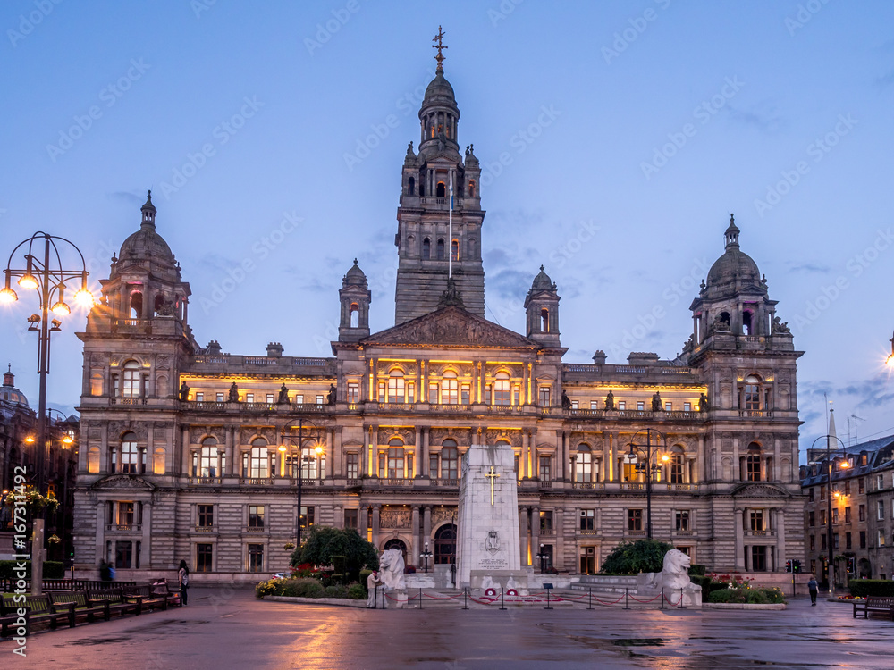 City Chambers in George Square in Glasgow Scotland at night.