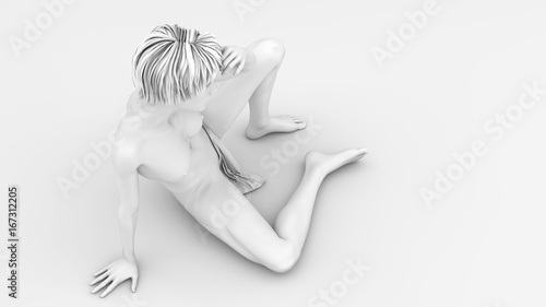 3D illustration of nude beautiful woman. Naked woman with perfect body sitting on the floor.
