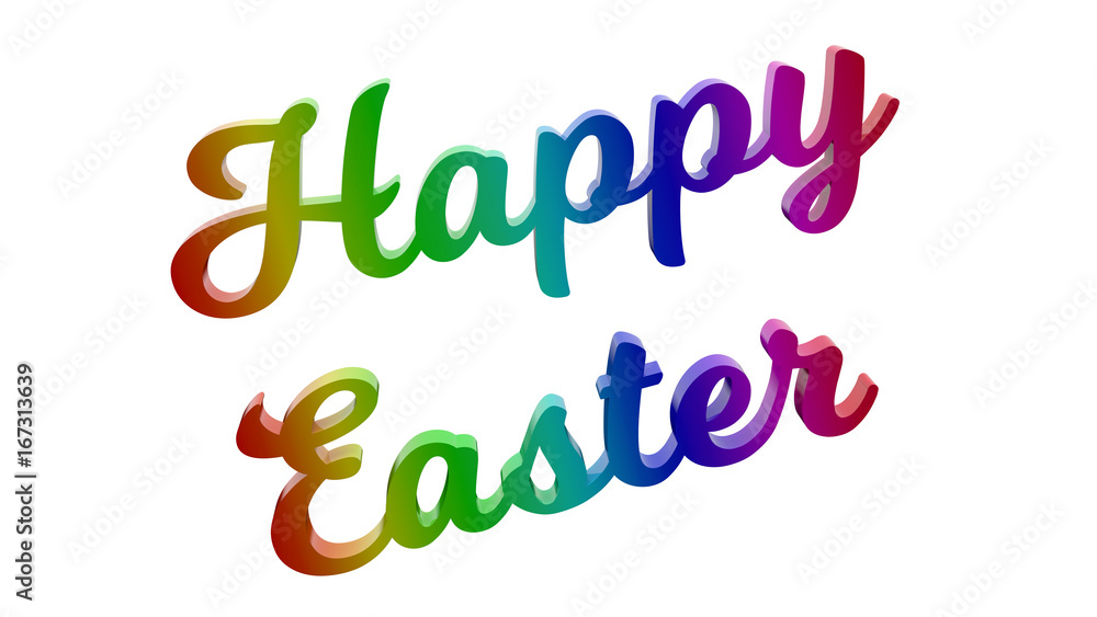 Obraz premium Happy Easter Calligraphic 3D Rendered Text Illustration Colored With RGB Rainbow Gradient, Isolated On White Background 