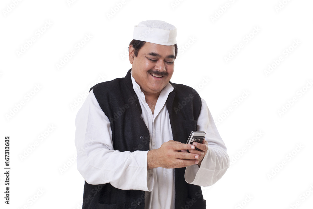 Happy politician texting over white background Happy politician texting over white background