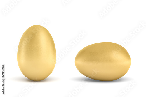 3d rendering of a whole golden egg with metallic reflection on white background.