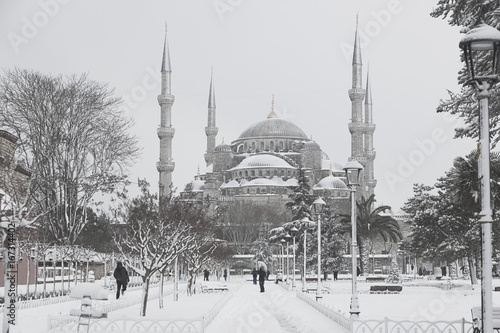 Sultan Ahmed Mosque in the snow in Istanbul, Turkey