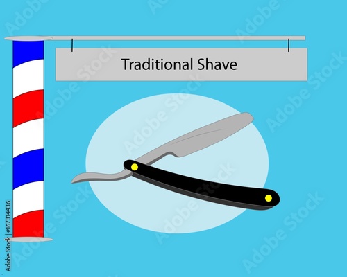 Striped barbers ole with sign  saying traditional shave.