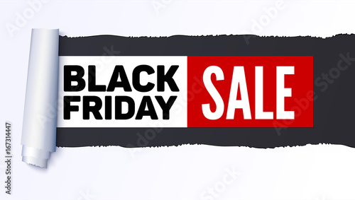 Black Friday Sale action banner, poster. Sellings ad information over realistic torn paper backdrop. Torn strip of paper with uneven, torn edges. Coiling torn strip of paper. Template for business.