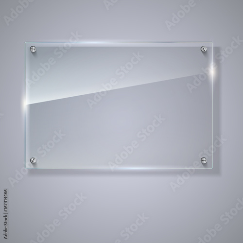 Blank, transparent vector glass plate. Vector template, horizontal banner with copy-space. Photo realistic texture with highlights and glow on the background. See through the plastic, 3D illustration.