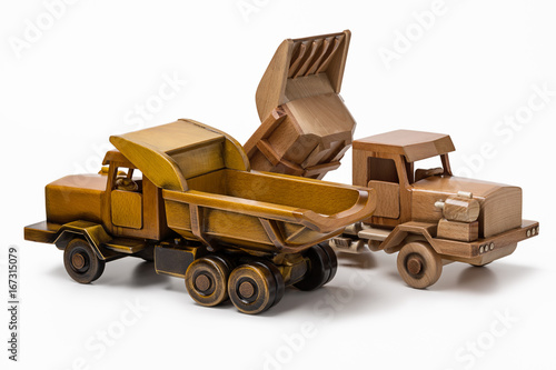 Automobile wooden model toy, two trucks.