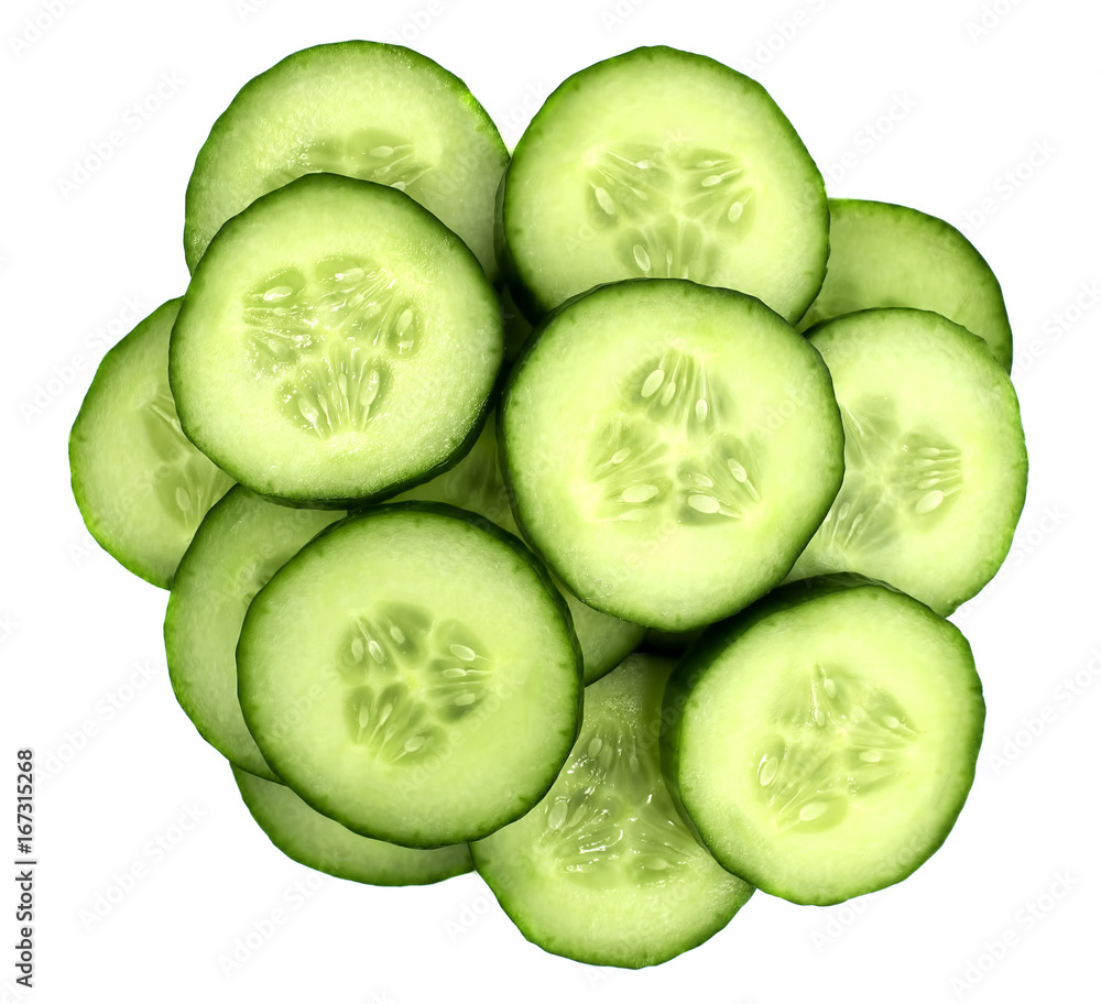 Fresh cucumber slices isolated on white background. Fresh cucumber slices isolated on white background.