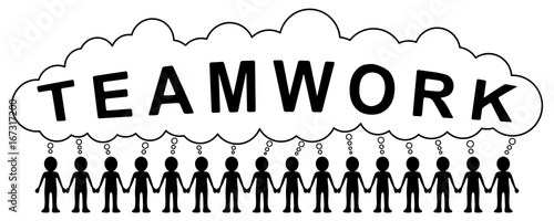 Eine Gruppe von Strichmännchen Hand in Hand mit Sprechblase „TEAMWORK“ / farbenfroh, schwarz-weiß, Vektor, freigestellt