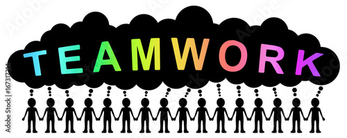 Eine Gruppe von Männchen Hand in Hand mit Sprechblase „TEAMWORK“ / farbenfroh, schwarz-weiß, Vektor, freigestellt