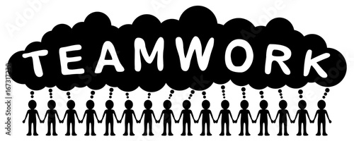 Eine Gruppe von Männchen Hand in Hand mit Sprechblase „TEAMWORK“ / schwarz-weiß, Vektor, freigestellt