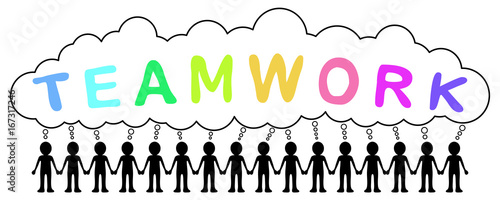 Eine Gruppe von Männchen Hand in Hand mit Sprechblase „TEAMWORK“ / Handschrift, farbenfroh, schwarz-weiß, Vektor, freigestellt