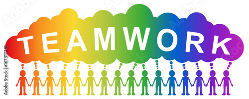 Eine Gruppe von Männchen Hand in Hand mit Sprechblase „TEAMWORK“ / Regenbogenfarben, Vektor, freigestellt