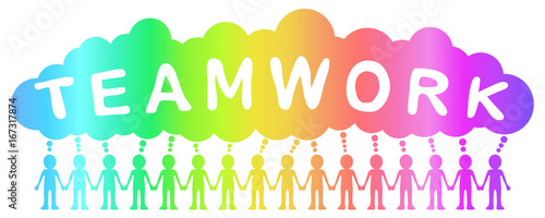 Eine Gruppe von Männchen Hand in Hand mit Sprechblase „TEAMWORK“ / Pastellfarben, Vektor, freigestellt