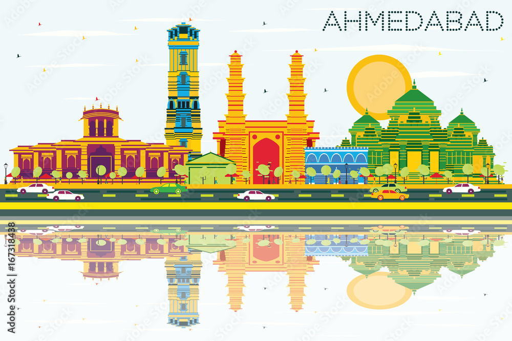 Ahmedabad Skyline with Color Buildings, Blue Sky and Reflections.