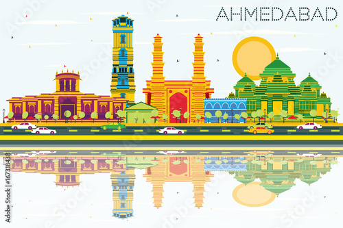 Valokuva Ahmedabad Skyline with Color Buildings, Blue Sky and Reflections.