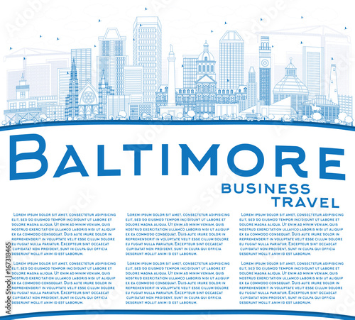 Outline Baltimore Skyline with Blue Buildings and Copy Space.