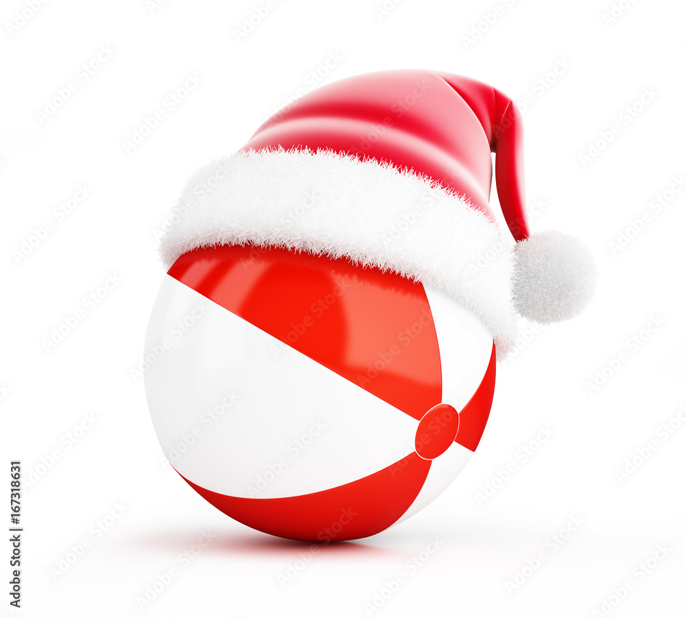 Santa hat Beach ball  on a white background 3D illustration, 3D rendering
