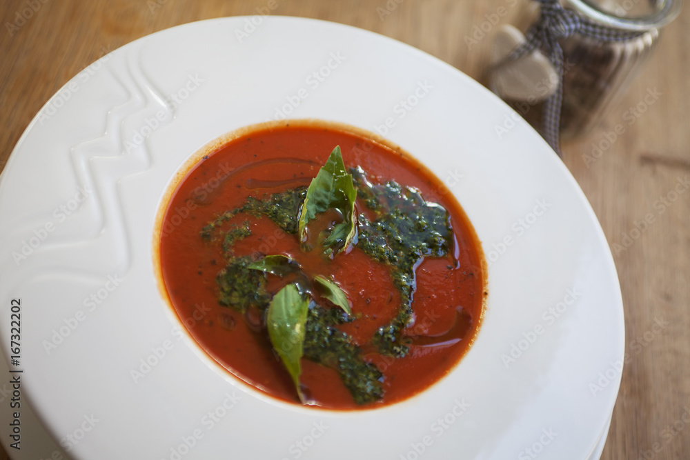 Excellent lunch - tomato soup with basil Excellent lunch - tomato soup with basil