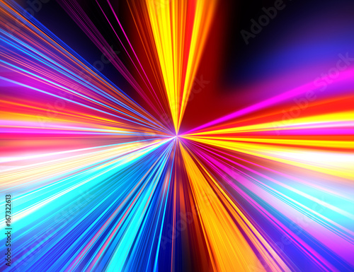 Fototapeta Naklejka Na Ścianę i Meble -  Speed motion on the neon glowing road at dark. Speed motion on the road. Colored light streaks acceleration. Abstract illustration. Pink Orange and Blue motion streaks.
