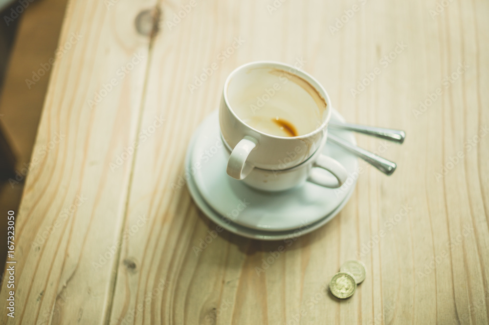 Empty coffee cups in cafe