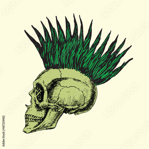 Pointed iroquois type on skull profile, hand drawn doodle, sketch in woodcut style, color vector illustration