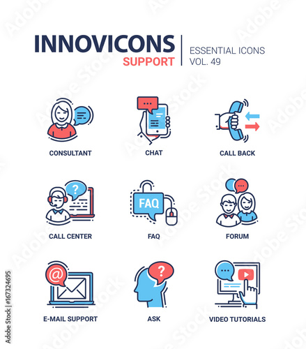 Technical Support - modern vector line design icons set.