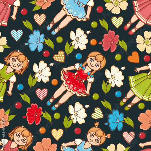 Little Ballerina and Flower. Cartoon style. Seamless pattern. Baby Doll. 