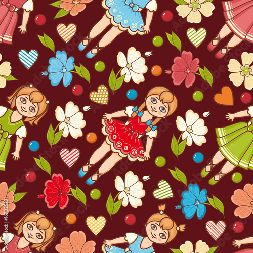 Little Ballerina and Flower. Cartoon style. Seamless pattern. Baby Doll. 