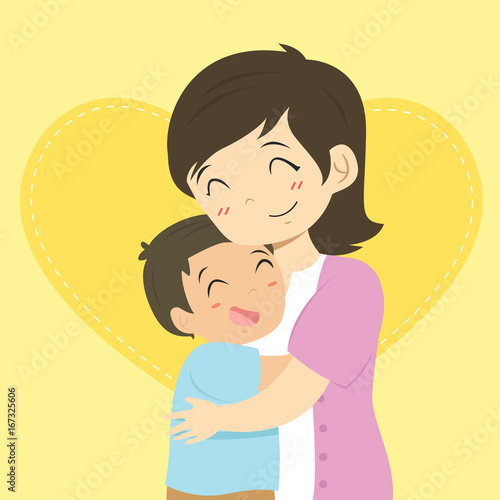 happy mother and her son hugging cartoon vector