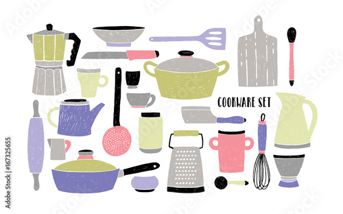 Cookware set on white background. Stylized hand drawn doodle dishes. Pastel c...