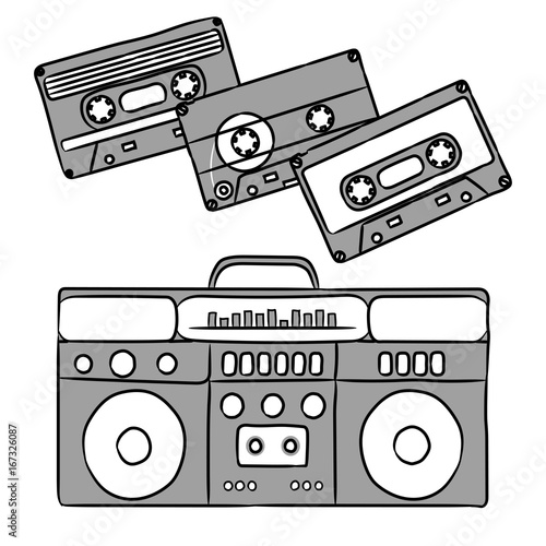 1980 disco. Record player and audio cassettes.