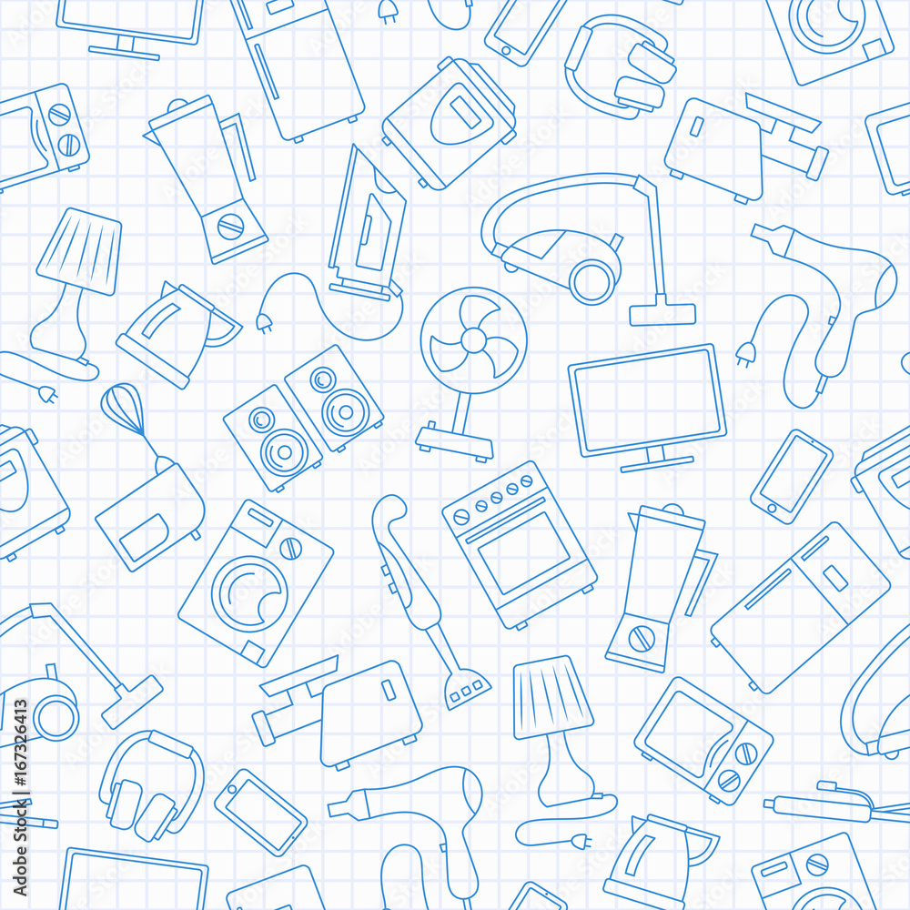 Seamless background with a simple contour icons on the topic of household appliances,blue  contour  icons on the clean writing-book sheet in a cage