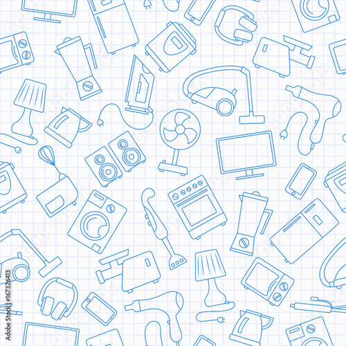 Seamless background with a simple contour icons on the topic of household appliances,blue  contour  icons on the clean writing-book sheet in a cage