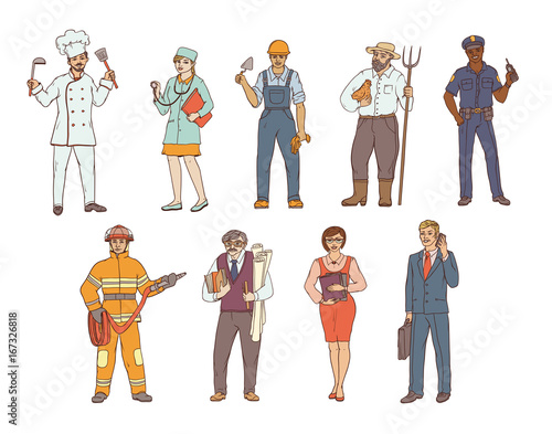 People of various professions in overalls and with tools in hand. Vector colored sketch of a realistic illustration. Women and men working in different sectors of production and services.