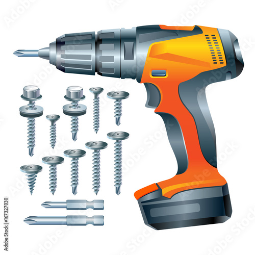 stock vector electric screwdriver and a set of screws